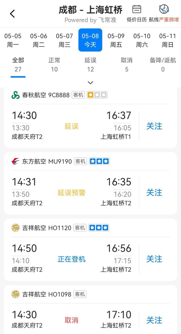 恒信期货 成都⇌上海多个航班延误或取消！重要提醒→